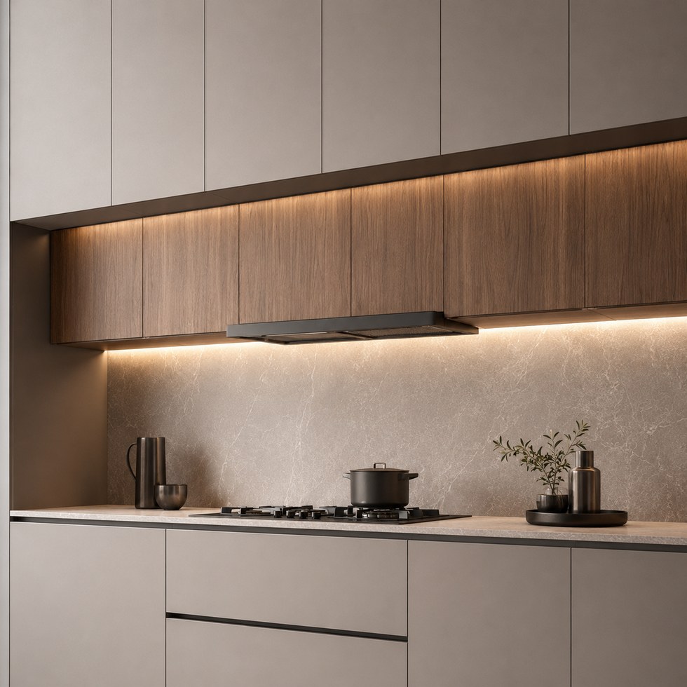 Modern Full-Height Kitchen Cabinets With Wood-Grain Accent Panels
