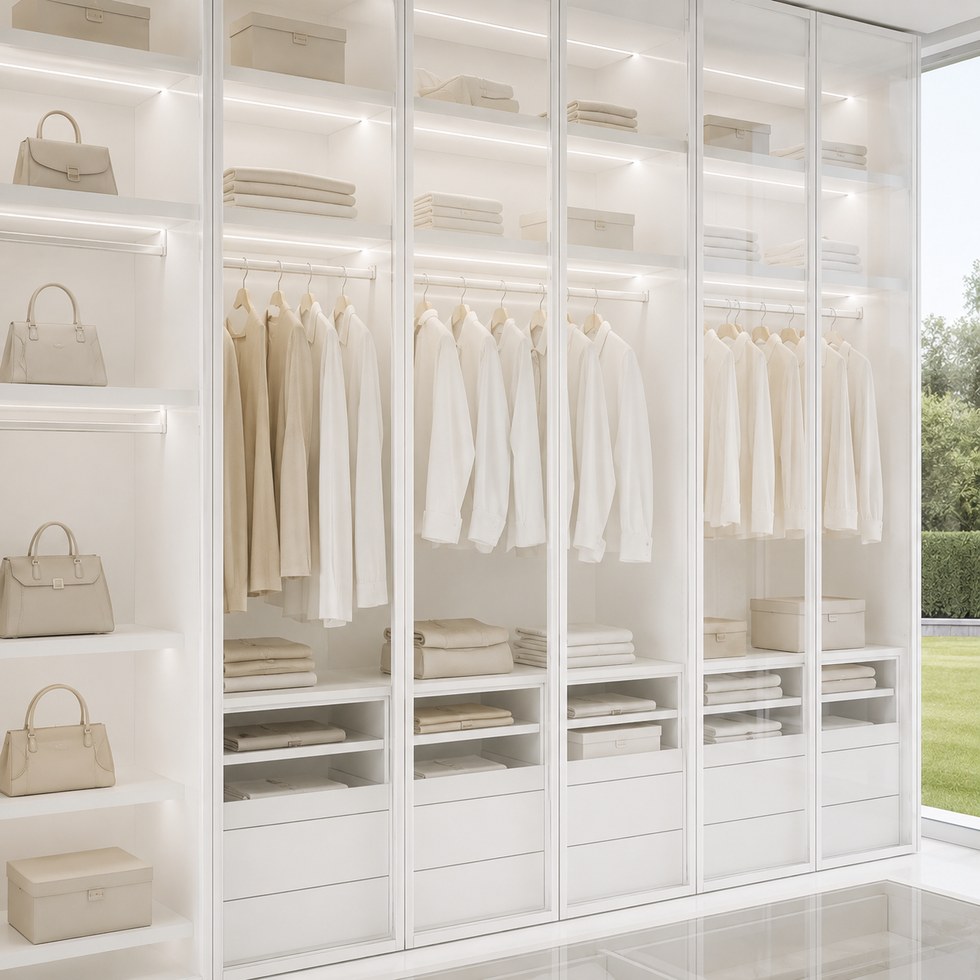 White Glass-Front Walk-In Closet Wardrobe with Lighted Shelves and Island Storage