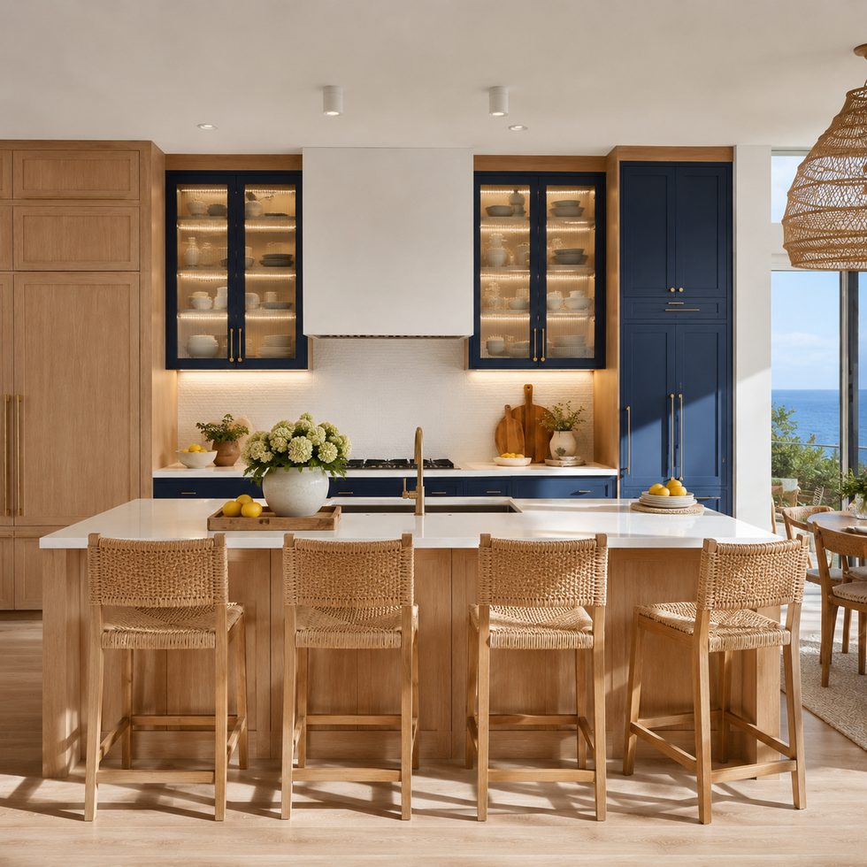 Coastal Navy Blue and Wood Tone Double Island Kitchen Cabinets