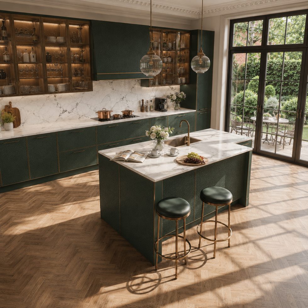 Dark Green Kitchen Cabinets With Island and Glass Display Storage