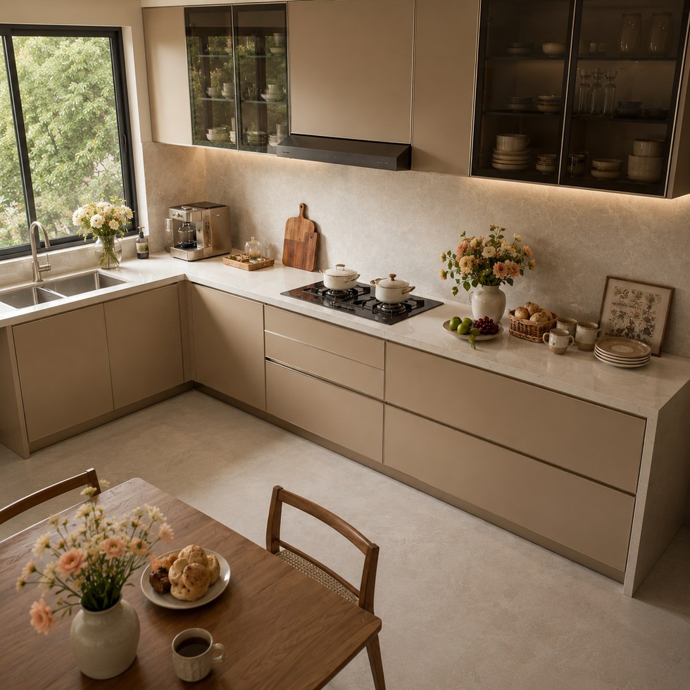 Warm Beige Handleless Kitchen Cabinets With Smoked Glass Wall Cabinets
