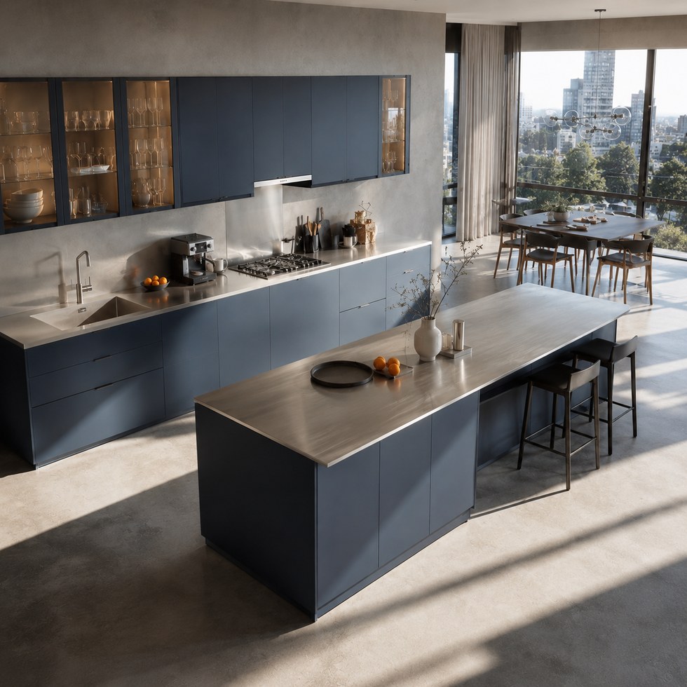 Modern Slate Blue Kitchen Cabinets With Island and Glass Display Uppers