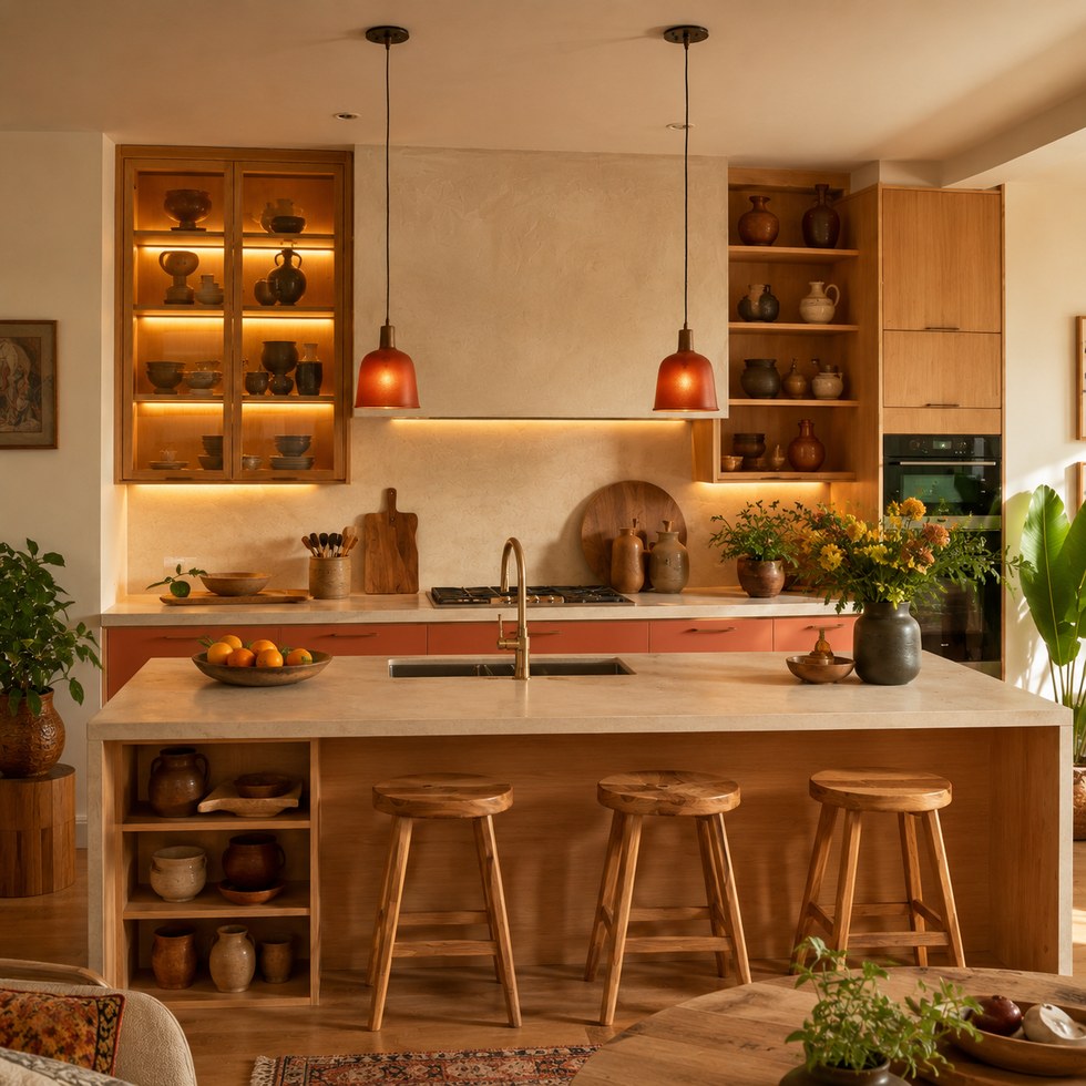 Warm Terracotta and Wood Kitchen Cabinets with Island