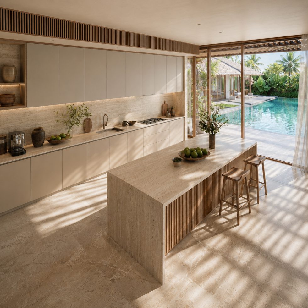 Warm Beige Resort Style Kitchen Cabinets with Slatted Island