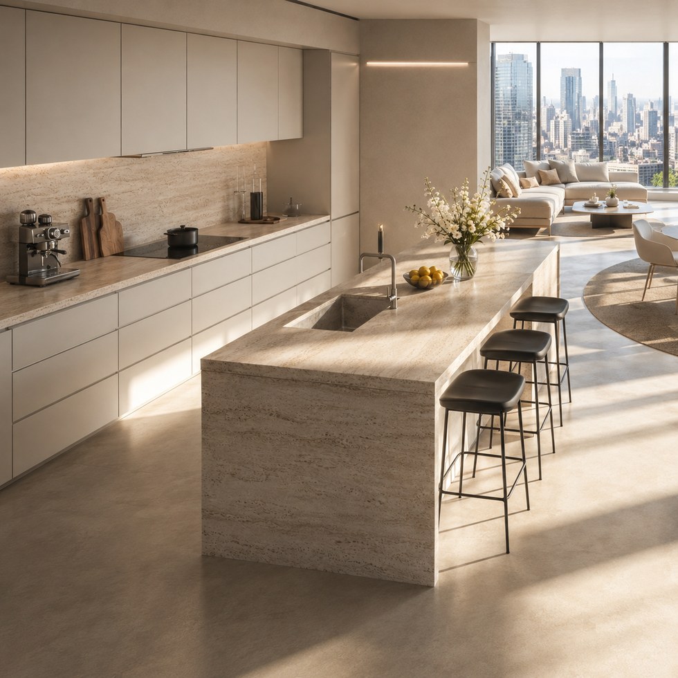 Modern Beige Kitchen Cabinets with Stone-Look Island and Integrated Lighting
