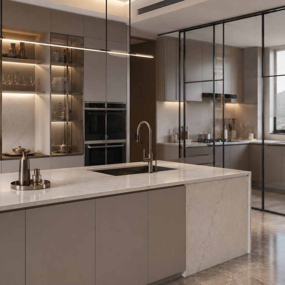 Modern Taupe Kitchen Cabinets With Waterfall Island and Glass Partition