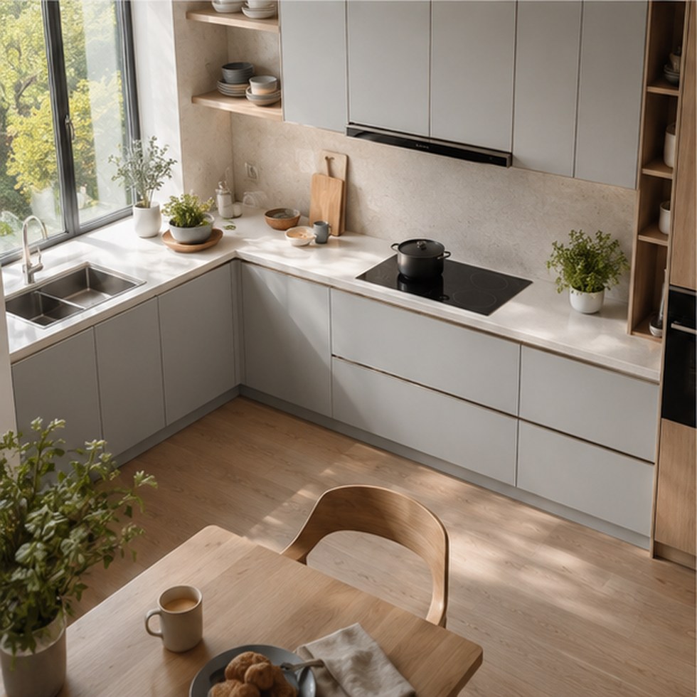Light Grey L-Shaped Kitchen Cabinets with Wood-Tone Tall Storage
