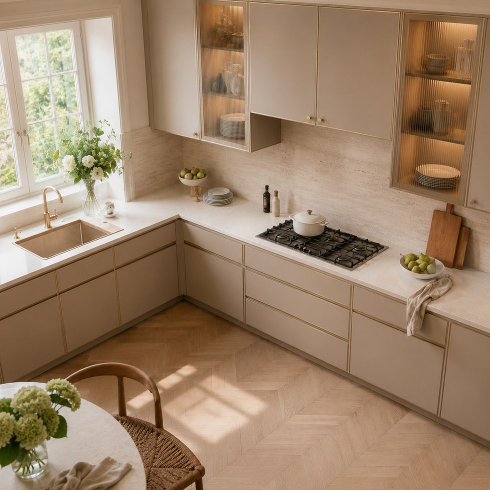 Warm Beige L-Shaped Kitchen Cabinets with Fluted Glass Display Doors