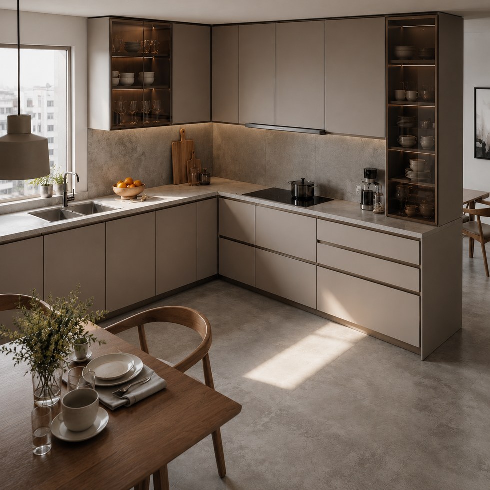 Warm Taupe L-Shaped Kitchen Cabinets With Smoked Glass Display Units