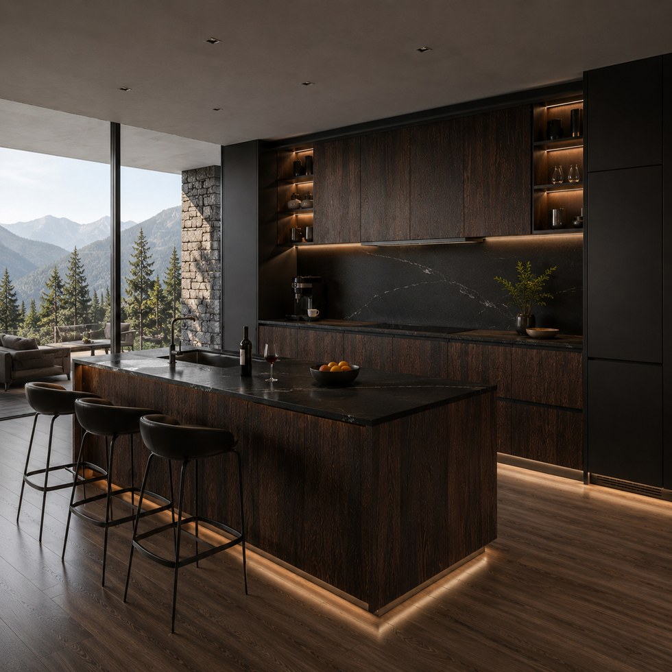 Dark Wood Look Modern Kitchen Cabinets With Island And Warm Open Shelf Lighting