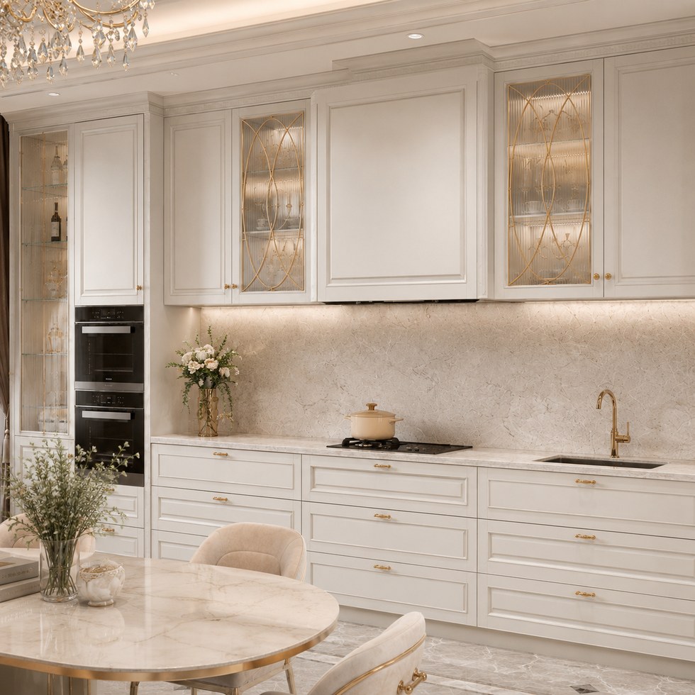 Classic White Kitchen Cabinets with Glass Display Towers and Gold Accents
