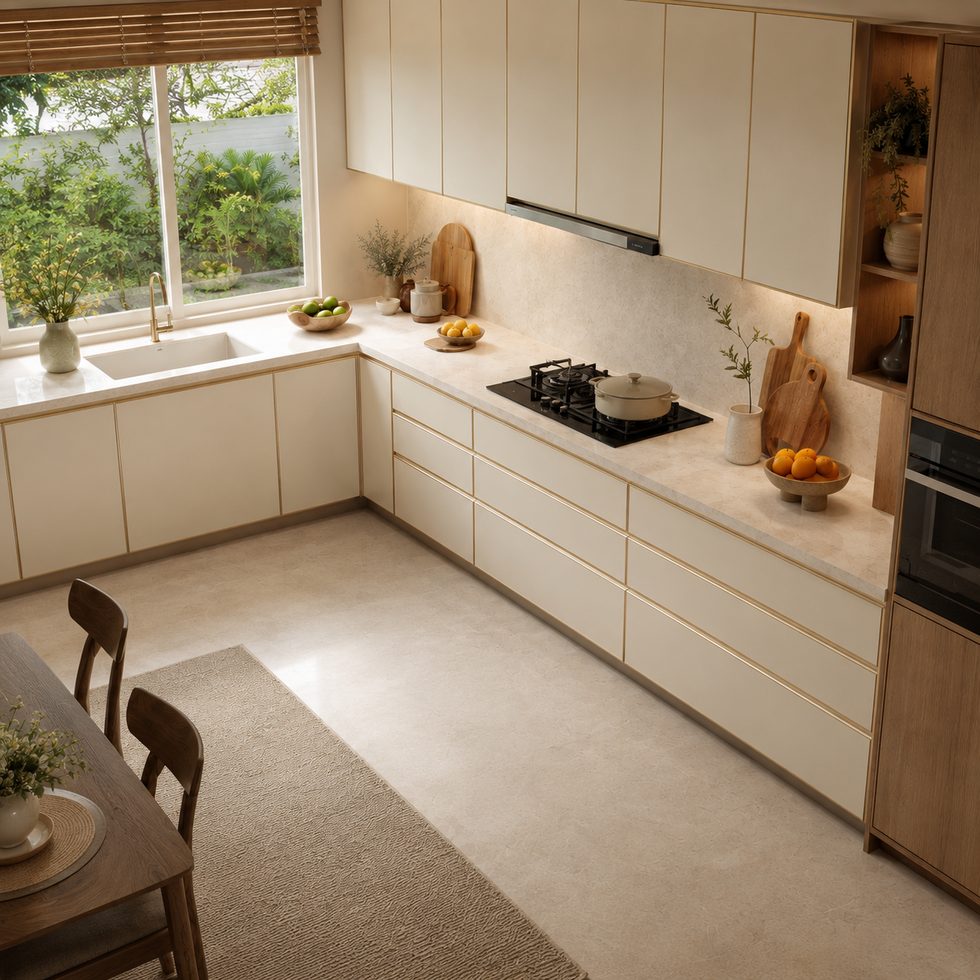 Ivory Flat Panel Kitchen Cabinets With Wood Tone Tall Unit