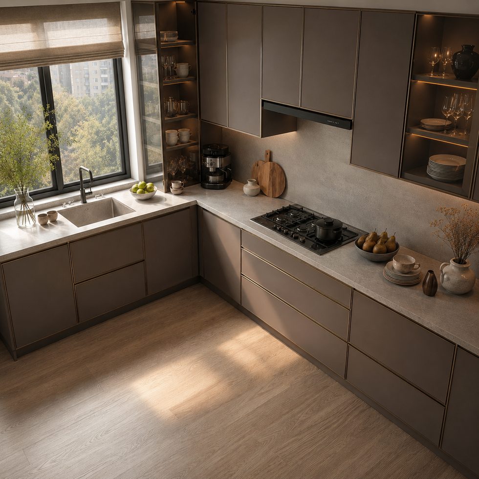 Warm Taupe Modern Kitchen Cabinets with Glass Display Units
