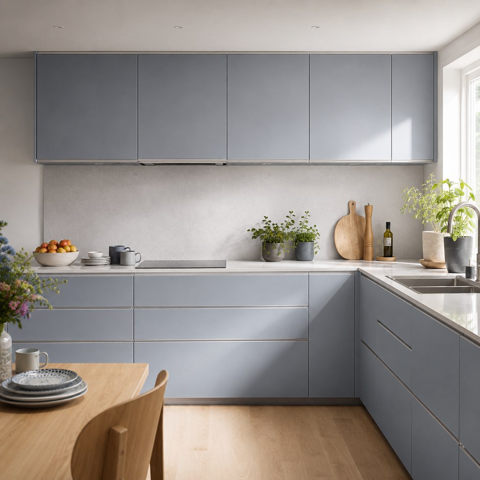 Light Blue Gray Flat Panel L Shaped Kitchen Cabinets
