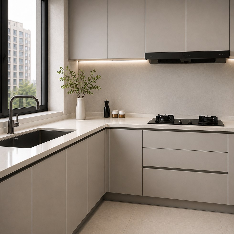 Modern Light Gray L-Shaped Kitchen Cabinets With Built-In Appliance Tower