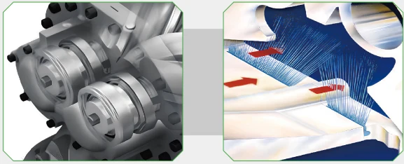 Airend and interstage-cooling illustrations from the two-stage catalogue.